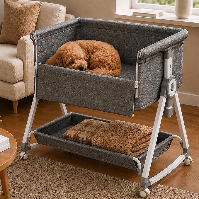 Bedside Dogs Bed, Raised Dogs Bed 27''-32'' Adjustable Height, Dog Bed Extension for Human Bed, Bedside Cosleeper Dog Bed for Small, Medium Dogs(34.5''L x 20''W)