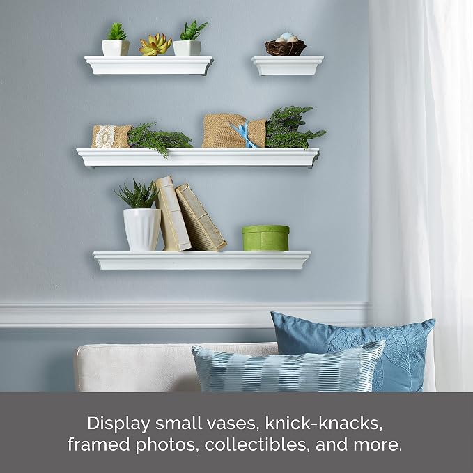 MELANNCO Floating Wall Shelves Set of 4, White Wood Display Shelves for Wall, Includes 6, 12, 20 and 24 Inch Sizes with Raised Edges and Mounting Hardware for Room Decor, Home Decor