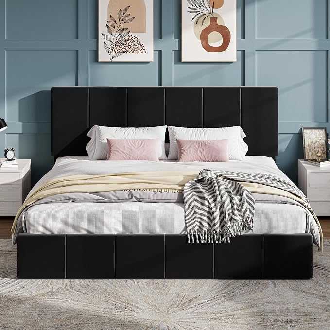 SHA CERLIN King Size Bed Frame, Velvet Upholstered Platform Bed, Vertical Channel Tufted Adjustable Headboard, Low Profile Bed Frame, No Box Spring Needed, Easy Assembly, Black