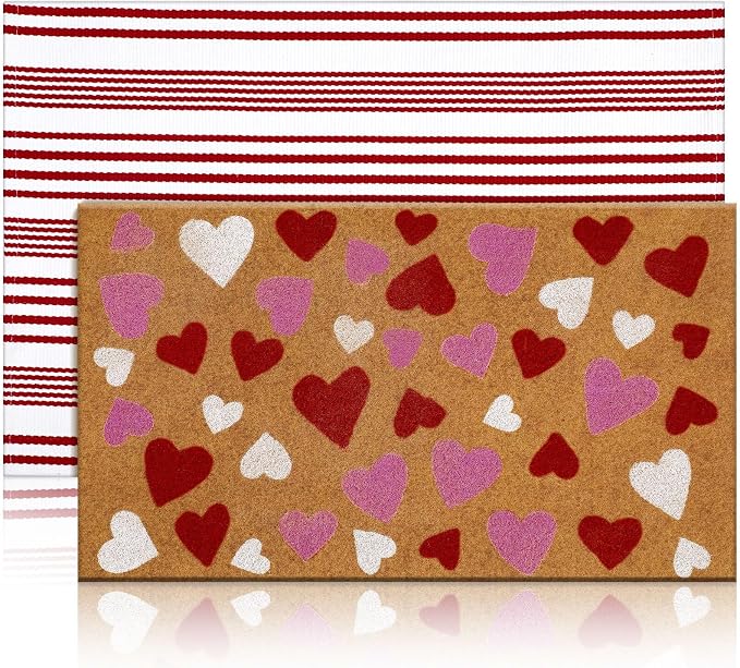 Moucuny 2 Pcs Valentine's Day Coir Welcome Doormat Outdoor Valentine's Day Rug Layered Red and White Stripe Mat Red Heart Mat for Front Porch Outdoor Entryway