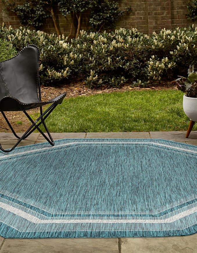 Unique Loom Outdoor Border Collection Area Rug - Soft Border (7' 10" Octagon, Teal/ Ivory)