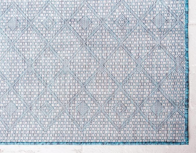 Unique Loom Outdoor Trellis Collection Area Rug - Tribal Trellis (2' x 8' Runner, Teal/ Ivory)