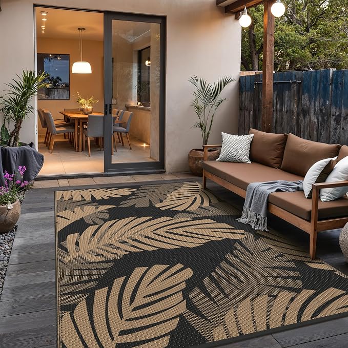GENIMO Outdoor Rug, Waterproof Plastic Rugs for Patio, 6'x9' Black Brown | Outside Larger Leaf Carpet Mat for Porch Decor, Deck, Balcony, Camping, RV, Backyard, Picnic, Beach, Reversible, Foldable