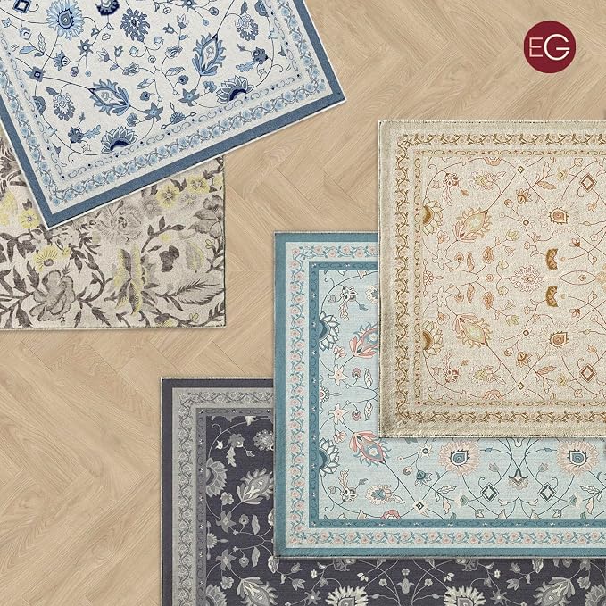 EVERGRACE Area Rugs for Living Room 4x6, Boho Floral Faux Wool Indoor Outdoor Rugs, Washable Rugs for Bedroom Entryway Dining Room Hallyway, Low Pile Floor Mat Carpet for Home Decor, Porcelain Blue