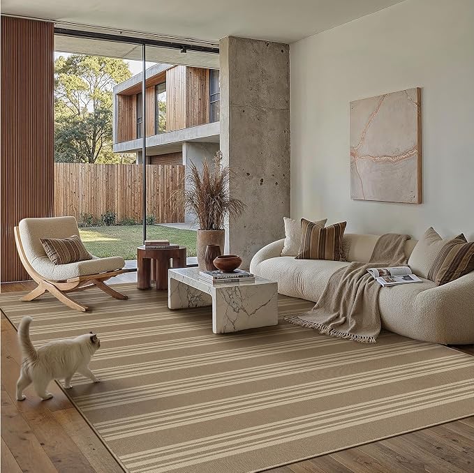 PureCozy Striped Easy Jute Rug 5x7 Khaki Living Room Carpet Washable Non Slip Bedroom Office Rug Farmhouse Neutral Non Shedding Indoor Outdoor Large Carpet for Kitchen Dining Room