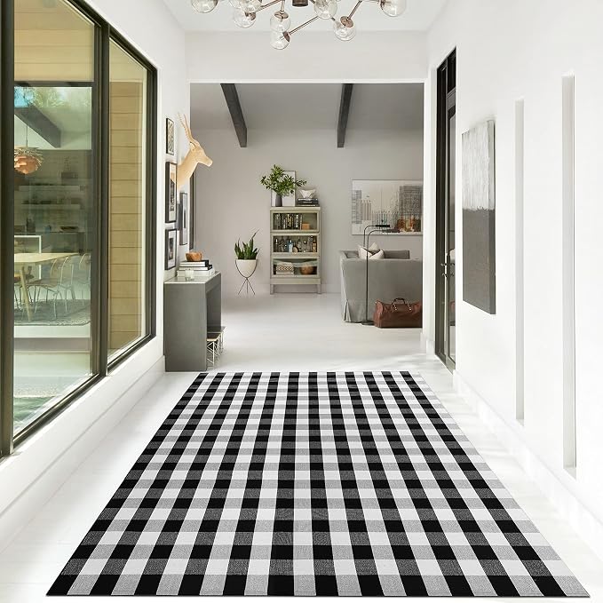 IOHOUZE Buffalo Plaid Checkered Rug 8x10 Ft Front Door Mats, Washable Area Rugs for Front Porch Decor, Spring Summer Welcome Mats Outdoor, Black White Rug for Farmhouse/Entryway/Home Entrance