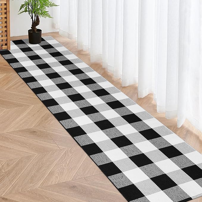 Buffalo Plaid Runner Rug 2x8 Feet Black and White Checkered Area Rug Farmhouse Hallway Rug Cotton Woven Washable Carpet for Entryway Kitchen Bedroom Living Room