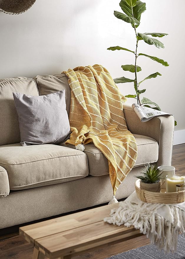 DII Striped Throw Collection Cotton Slub, Hand-Tied Tassels, 50x60, Honey Gold & Off-White