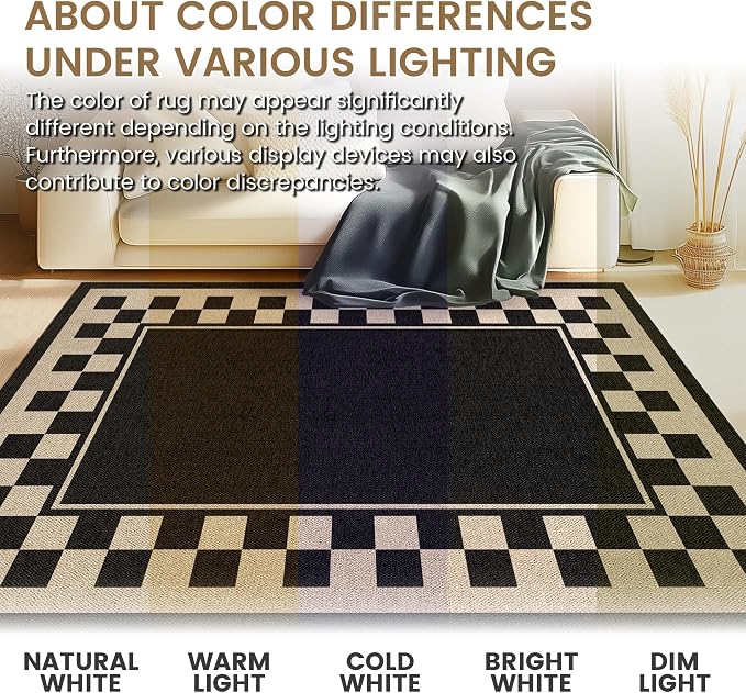 Washable Checkered Easy Jute Rug 3x5, Black Checkerboard Geometric Outdoor Indoor Patio Small Bordered Rugs, Woven Non Slip Thin Neutral Carpet Mat for Bedroom Entryway Front Door Farmhouse
