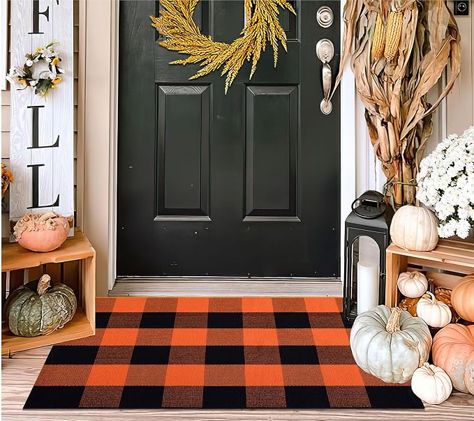 Cotton Buffalo Plaid Outdoor Rug 2x3ft Orange and Black Layered Doormat,Halloween Front Door Mat Outdoor,Farmhoue Woven Washable Checkered Rug for Porch, Entryway, Farmhouse, Autumn, Halloween