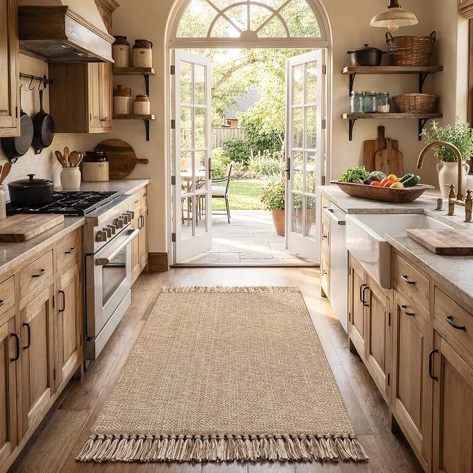 Collive 3' x 5' Indoor Outdoor Porch Rug, Modern Farmhouse Entryway Rug Boho Front Door Mat, Tan Hand-Woven Washable Kitchen Rugs for Patio Bedside Nursery Decor