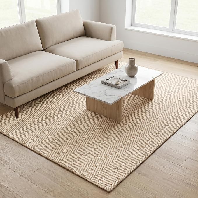 THE BEER VALLEY Jute Cotton Geometric Area Rug 5x7 Feet - Natural White | Large Boho Neutral Fiber Rugs for Living Room, Easy Care Ivory Beige Dining Décor Carpet