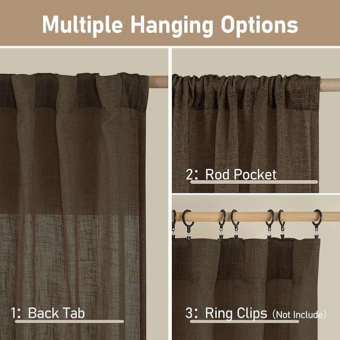 LAMIT Linen Curtains 63 Inch Length 2 Panels, Light Filtering Panels Back Tab and Rod Pocket Neutral Drapes for Bedroom/Window/Living Room, Dark Brown, 34 x 63 Inch