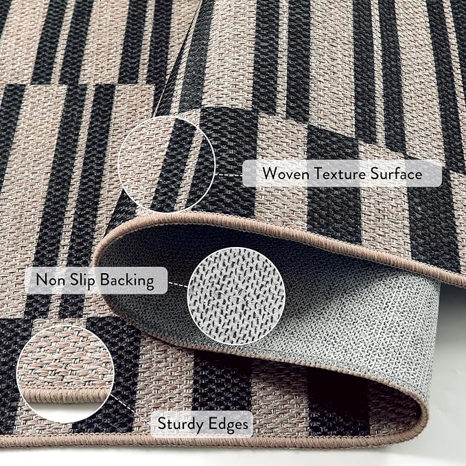 Lahome Striped Easy Jute Outdoor Patio Rug, 3x5 Washable Rugs for Porch | Indoor Living Room Area Rugs Non Slip Black, Modern Farmhouse Neutral Carpet for Entryway Backyard Bedroom Rv