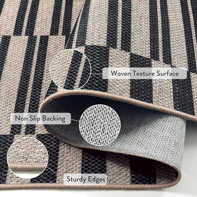 Lahome Striped Easy Jute Outdoor Patio Rug, 5x7 Dining Room Washable Rugs | Living Room Area Rug Black, Modern Farmhouse Neutral Non Slip Non Shedding Carpet for Porch Deck Classroom Entryway Office