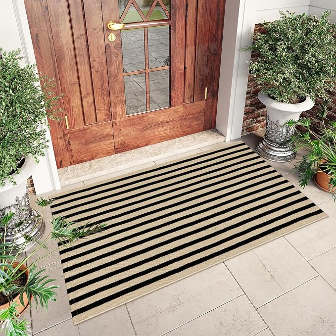 OJIA Washable Outdoor Rug 3'x5' Black and Tan Striped Porch Rug Patio Rugs | Entryway Rugs Indoor Front Door Mat Outside Entrance Cotton Floor Carpet for Entry/Living Room/Balcony/Deck Outdoor Decor