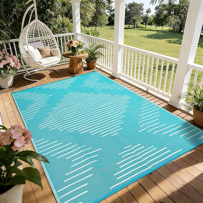Garvee 6x9 Area Rugs Plastic Reversible Patio Rugs Outdoor Waterproof Easy-Cleaning Large Floor Mat for Outdoors Backyard Porch RV Beach Picnic Light Blue White