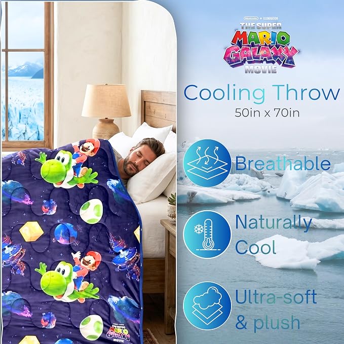 Super Mario Galaxy Movie Cooling Throw for Hot Sleepers, 50 x 70 Inch Lightweight All-Season, Soft Breathable Cooling Fabric for Couch, Bed, (Officially Licensed Product) by Franco Calm