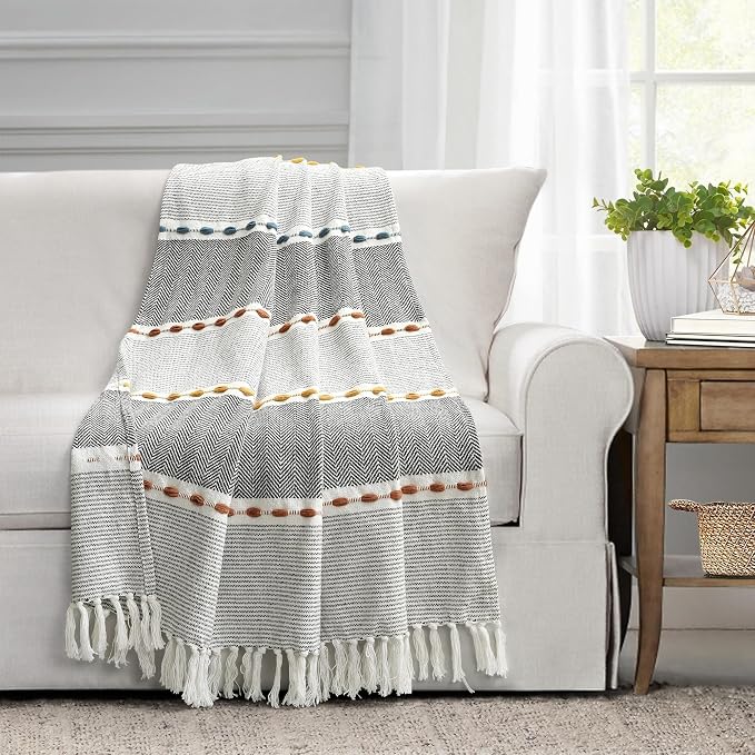 Lush Decor Herringbone Stripe Woven Tassel Yarn Dyed Cotton Throw Blanket 50" W x 60" L Black & Multi - Striped Throw Blankets - Black Couch Blanket