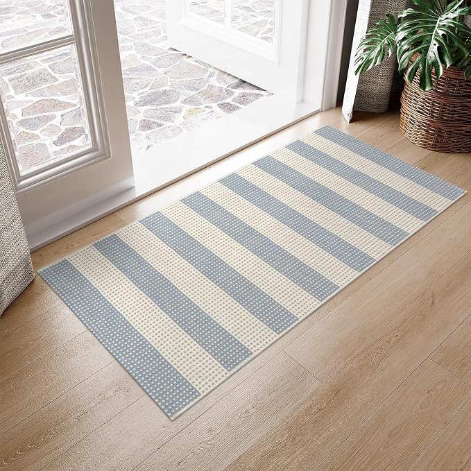 OJIA Outdoor Porch Rug Front Door Mat 24'x51, Front Door Rug Patio Decor | Washable Checkered Entry Rug Striped Area Rug Cotton Woven Kitchen Carpet Small Area Rug for Entryway Patio Bedroom Bathroom