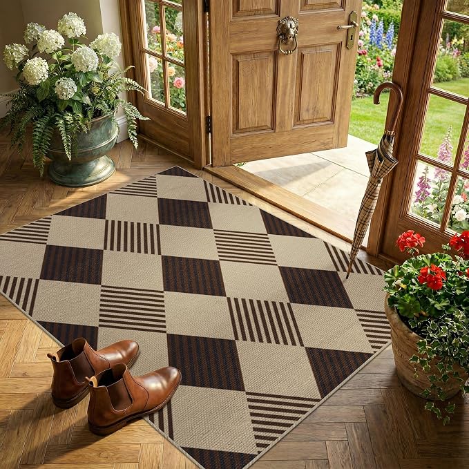 3x4 Entryway Door Mat Indoor – Washable Non Slip Small Rug for Front Door, Kitchen Sink, Mudroom, Garage Entry, Low Profile Easy Clean Farmhouse Plaid Floor Mat