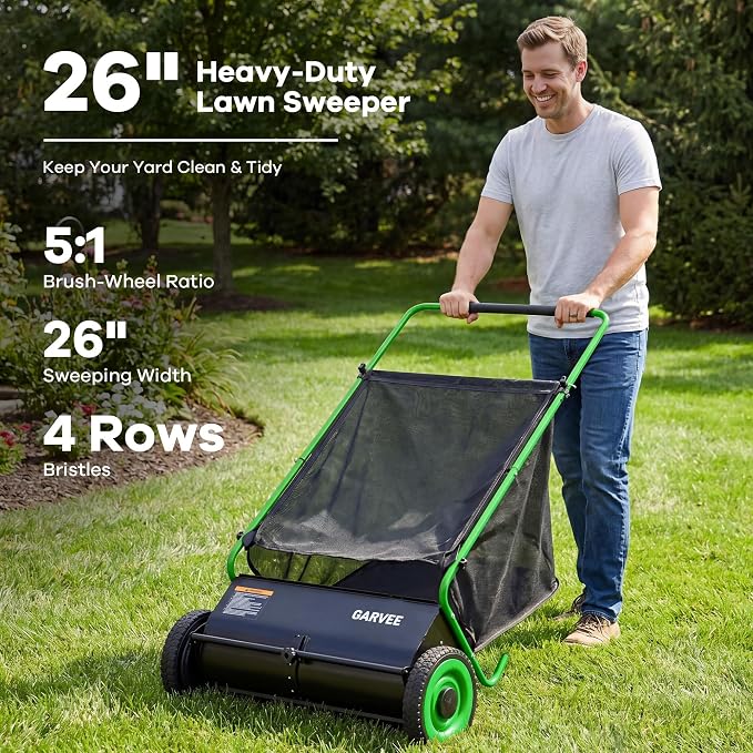 Push Lawn Sweeper, 26 in Leaf & Grass Collector with 7 cu. ft. Hopper Bag, Heavy Duty Yard Sweeper with Clear Dust Cover & Large Collection Bag for Lawn Yard Cleanup