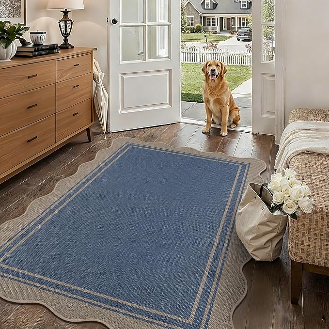 Easy Jute 3x5 Outdoor Rug Washable Non Slip Rug for Entryway Indoor Outdoor Farmhouse Neutral Scalloped Carpet for Backyard Patio Proch Living Room