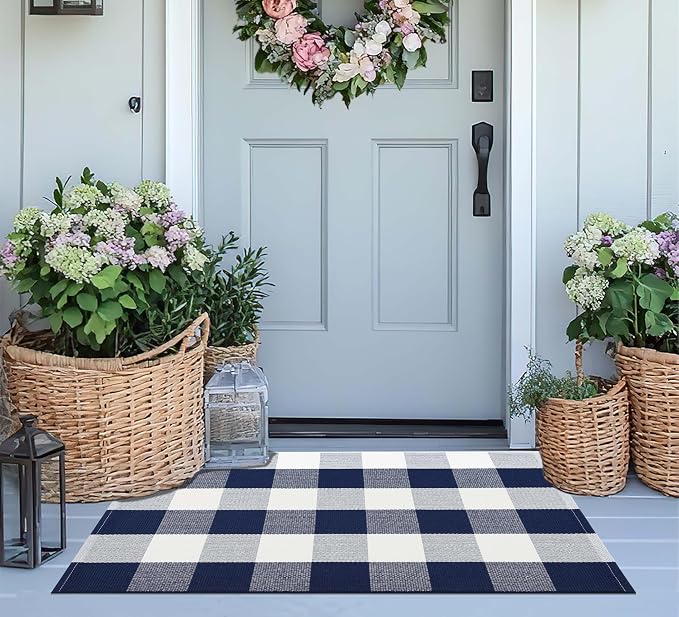Blue and White Front Door Mat 24''X35'' Buffalo Plaid Checked Front Porch Rug Cotton Woven Washable Rug Layering Doormat for Welcome Door Mat Entryway Dining Room Bedroom Living Room