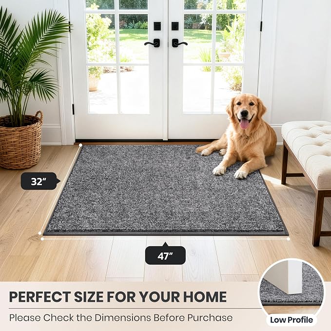 PURRUGS Dirt Trapping Door Mat 32" x 47", Non-Slip Machine Washable Entry Rug, Entrance Mat, Indoor Front Door Mat, Super Absorbent Entryway Rug for Muddy Shoes & Paws, Heathered Grey