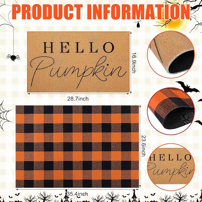 Tinideya 2 Pcs Fall Layering Door Mat Sets, Hello Pumpkin Coir Mats with Black Orange Rug for Autumn Thanksgiving Front Porch Entryway Decor