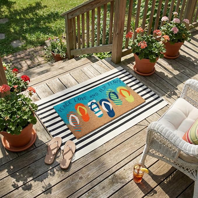 Moucuny 2 Pcs Summer Coir Doormat Outdoor, 16'' x 28'' Beach Mats Peace Love and Flip Flops Welcome Mats, 24'' x 35'' Non-Slip Outdoor Black White Stripe Layered Rug for Porch Front Entryway Decor