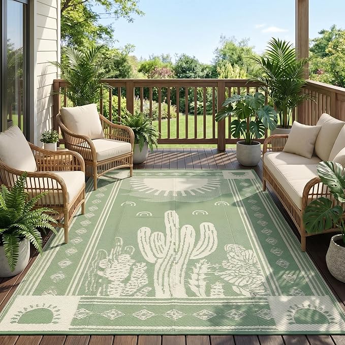 Garvee Waterproof Outdoor Rug 5x8, Cactus Botanical Outdoor Plastic Straw Rug for Camping, Reversible RV Mat Outside, Indoor Outdoor Carpet for Porch, Deck, Backyard, Balcony, Picnic, Sage Green