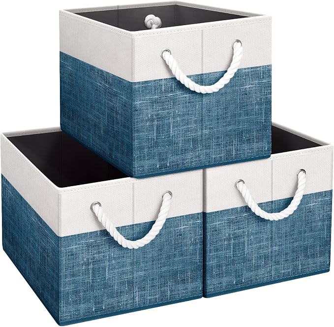 Fab totes Storage Bins 3-Pack, Foldable Storage Baskets for Organizing Toys, Books, Shelves, Closet, Large Storage Box with Rope Handles, Sturdy Organizer Bins, White & Blue