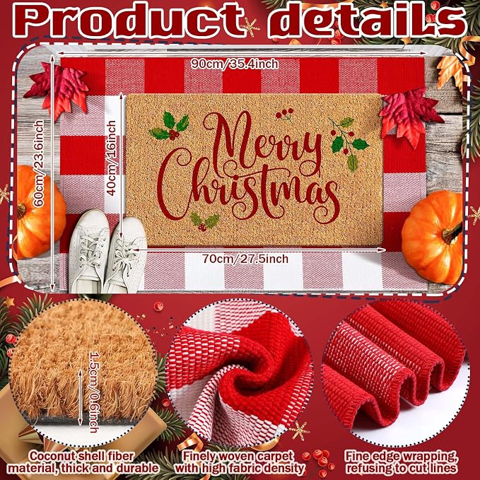 Moucuny 2 Christmas Outdoor Mat, Non Slip | Merry Christmas Welcome Coir Door Outdoor Red White Plaid Rug Front Door Porch Entryway Decor,24'' X 35'',16'' X 28''