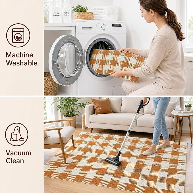 Caramel and White Buffalo Plaid Rug 4'x6', Machine Washable Layering Mat for Front Door, Entryway, Kitchen, Indoor Outdoor Low Profile Cotton Woven Check Rug