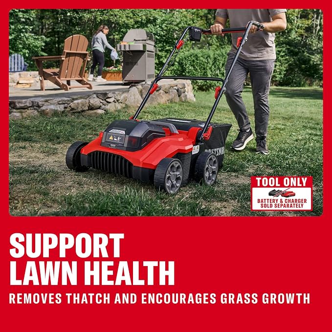 CRAFTSMAN 2 X V20 Brushless RP Lawn Dethatcher and Scarifier, Cordless, 14 in Deck, Up to 45 Min of Runtime, 50L Removable Collection Bag, Tool Only (CMCOE210B)