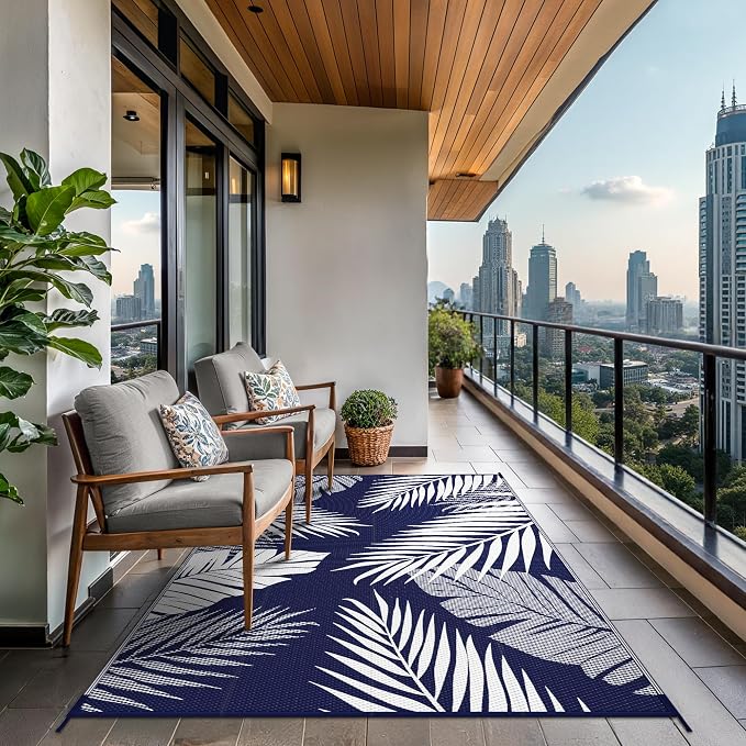 GENIMO Outdoor Rug, Waterproof Plastic Rugs for Patio, 4'x6' Blue White | Outside Larger Leaf Carpet Mat for Porch Decor, Deck, Balcony, Camping, RV, Backyard, Picnic, Beach, Reversible, Foldable