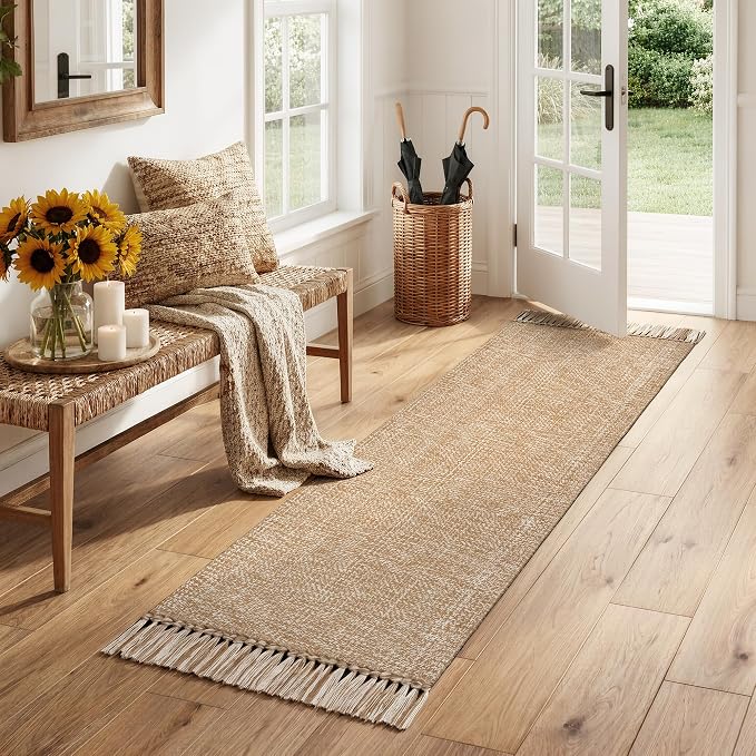Collive 2' x 6' Kitchen Runner Rug, Modern Farmhouse Washable Bathroom Mat, Boho Hand-Woven Hallway Runner Rugs Tan Reversible Bedroom Carpet for Laundry Entryway Home Decor