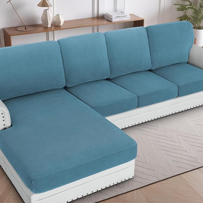 H.VERSAILTEX Sectional Couch Covers 1 Piece Chaise Slipcover L Shape Separate Cushion Couch Cover for Both Left/Right Sectional Couch (Seat Only: 1 Chaises, Storm Blue)