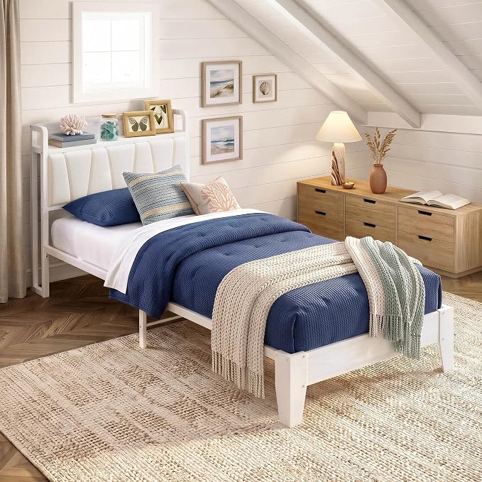 LIKIMIO Twin XL Bed Frames, PU Leather Storage Headboard with Charging Station, Solid and Stable, Noise Free, No Box Spring Needed, Easy Assembly, White