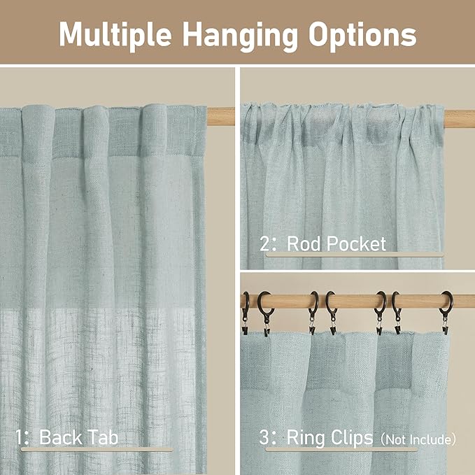 LAMIT Sheer Linen Curtains 63 inches Long for Bedroom, Back Tab and Rod Pocket Linen Drapes Light Filtering Semi Sheer Curtains for Small Window/Farmhouse, 2 Panels (38 x 63 Inch, Greyish Blue)