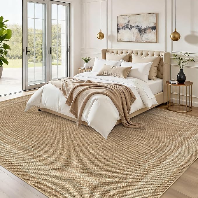 GarveeHome 9x12 Large Area Rug for Living Room Easy Jute Modern Rugs | Non Slip Low Pile Neutral Bordered Solid Tan Dining Room Rugs Washable Carpet for Bedroom Home Office Decor, Jute