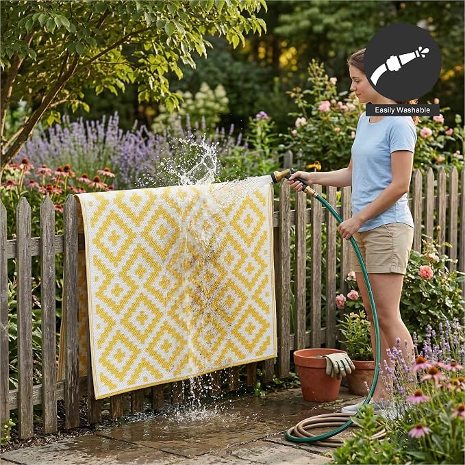 FH Home Outdoor Rug - Waterproof, Fade Resistant, Reversible - Premium Recycled Plastic - Geometric - Patio, Porch, Deck, Balcony - Aztec - Yellow & White Crease Free - 5 x 8 ft