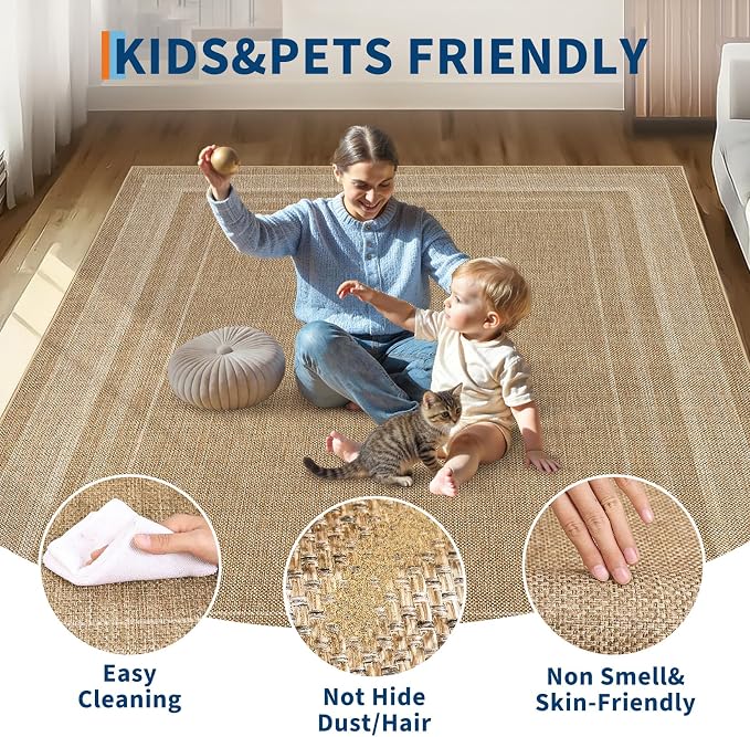 GarveeHome 6ft Washable Round Rug Large Bedroom Easy Jute Area Rugs | Modern Solid Non Slip Living Room Circle Rugs Stain Resistant Throw Carpet Round Rugs for Kitchen Nursery Entryway, Jute