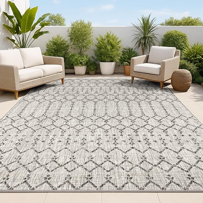 JONATHAN Y Moroccan Geometric Indoor Outdoor Area Rug 9X12 Light Gray/Black, Ourika Textured Weave for Backyard, Patio, Porch, Easy-Cleaning, High Traffic, Pet-Friendly, Non-Shedding (SMB108E-9)