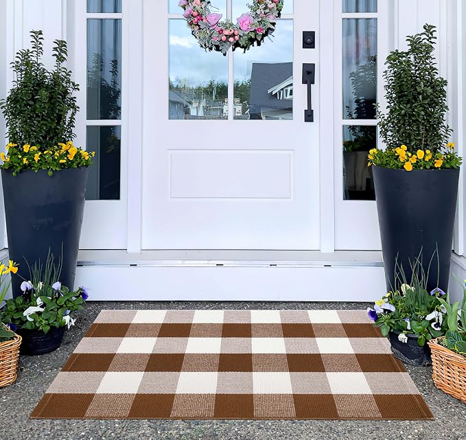 Fall Outdoor Rug 2'x3',Coffee and White Checkered Area Rug Halloween Cotton Washable Layered Doormat for Hello Welcome Front Porch Door Mats Bedroom Living Room