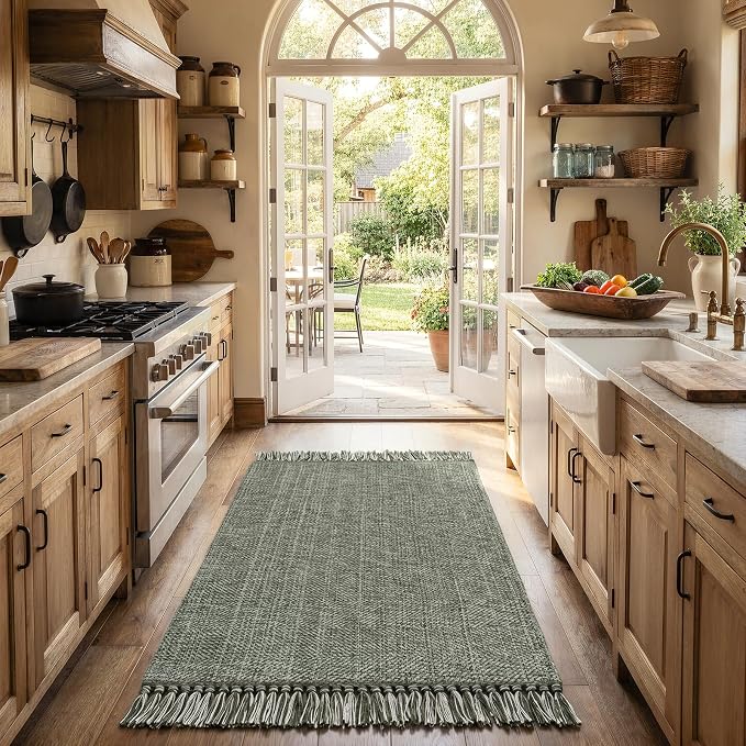 Collive 3' x 5' Indoor Outdoor Porch Rug, Sage Green Modern Farmhouse Entryway Rug Boho Front Door Mat, Hand-Woven Washable Kitchen Rugs for Patio Bedside Nursery Decor