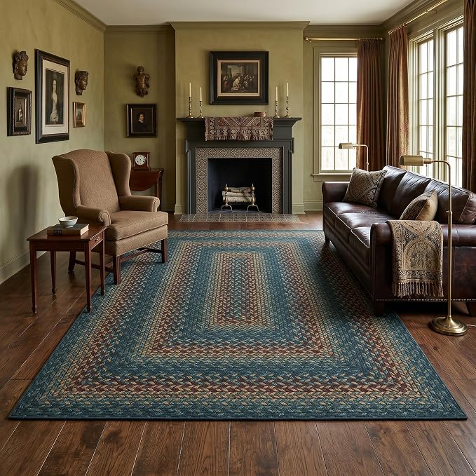 Garvee Braided-Print Washable 9x12 Living Room Rug Non Slip Ultra-Thin Neutral Rug Indoor Outdoor Easy Jute Rugs Foldable Non-Shedding Farmhouse Carpet for Bedroom Kitchen Porch Patio Deck Teal/Rust