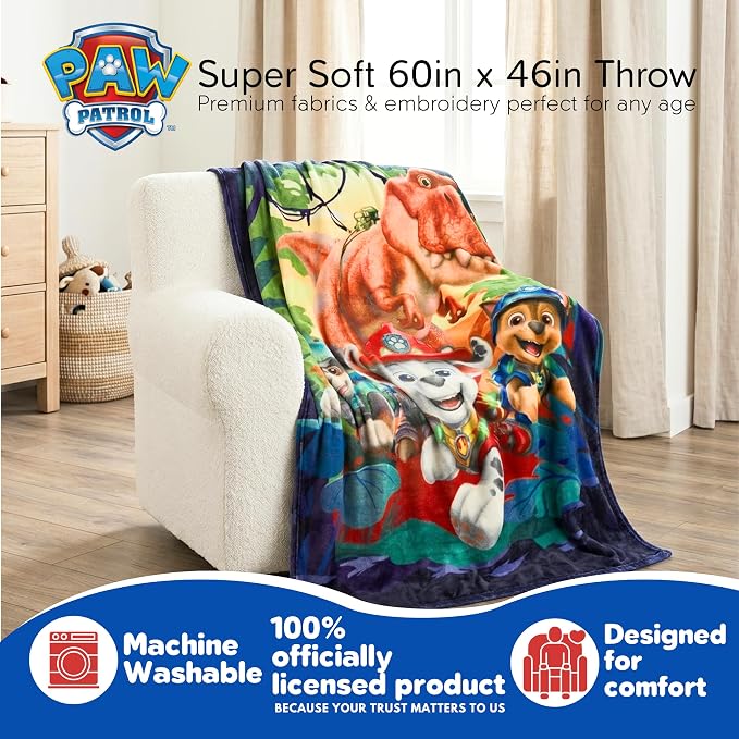 Paw Patrol Dino Movie Throw Blanket 60 in x 46 in – Soft Cozy Plush for Couch, Bed & Travel, Collectible Gift (Officially Licensed Product) by Franco