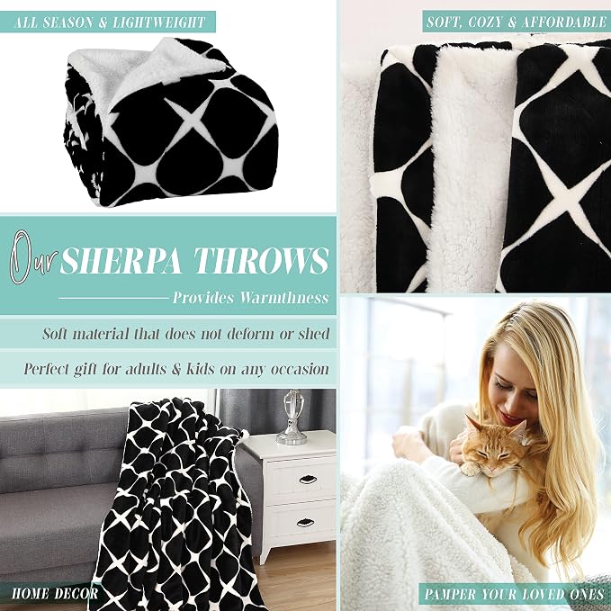 Elegant Comfort Throw Blanket, Reversible Sherpa Flannel, Ultra-Soft, Fuzzy, Cozy and Plush- All Season Lightweight Decorative Throw, 50 x 60 inches, Ogee Pattern Sherpa Throw, Black
